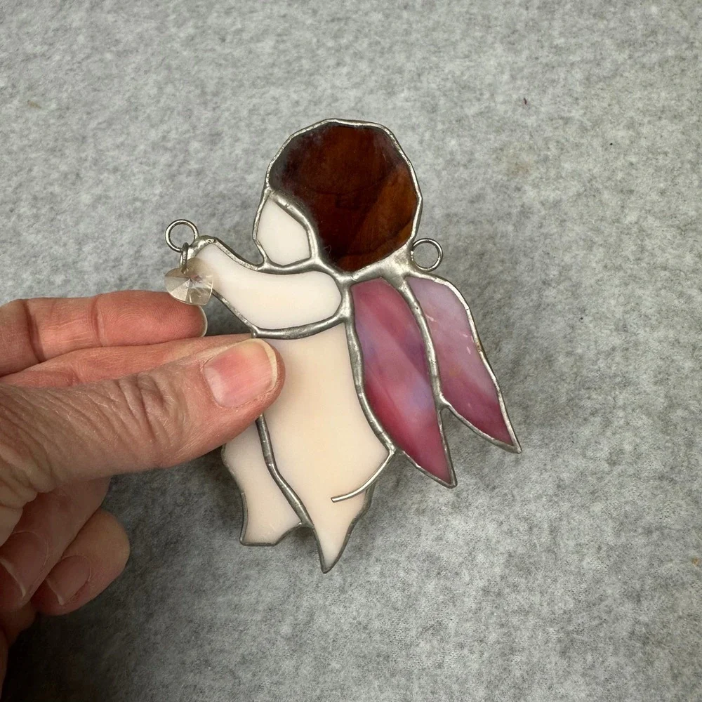Vtg Stained Glass Angel Suncatcher Pink Wings Crystal Heart Charm Ornament 4
